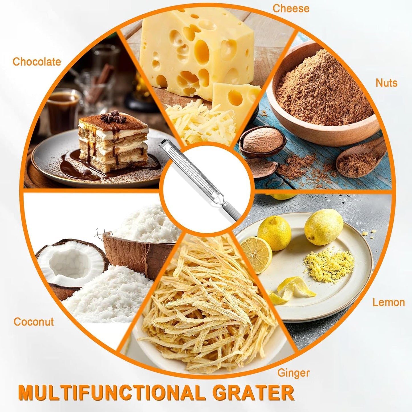 Stainless Steel Lemon Zester, Cheese Grater & Vegetable Grater with Silicone Handle - Parmesan Cheese Lemon, Garlic, Nutmeg, Chocolate, Fruits, Vegetables, Ginger - Cheese Grater (Gray)