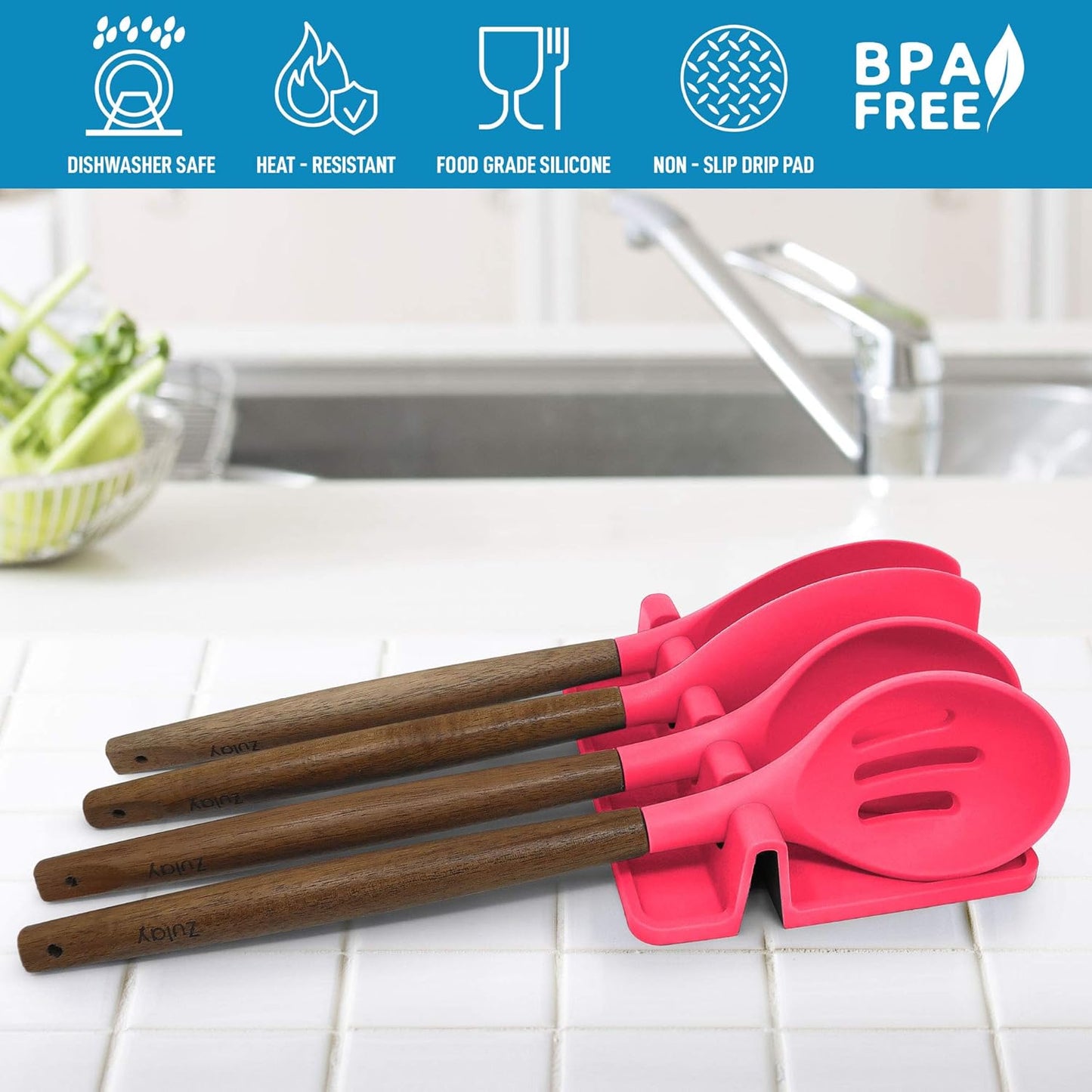 Zulay Kitchen Spoon Rest for Multiple Utensils High Heat-Resistant Silicone Drip Pad, BPA-Free Spoon Holder for Stove Top, Kitchen Gadget Holder for Ladles, Tongs, Cooking Spatula - Makes Great Gift