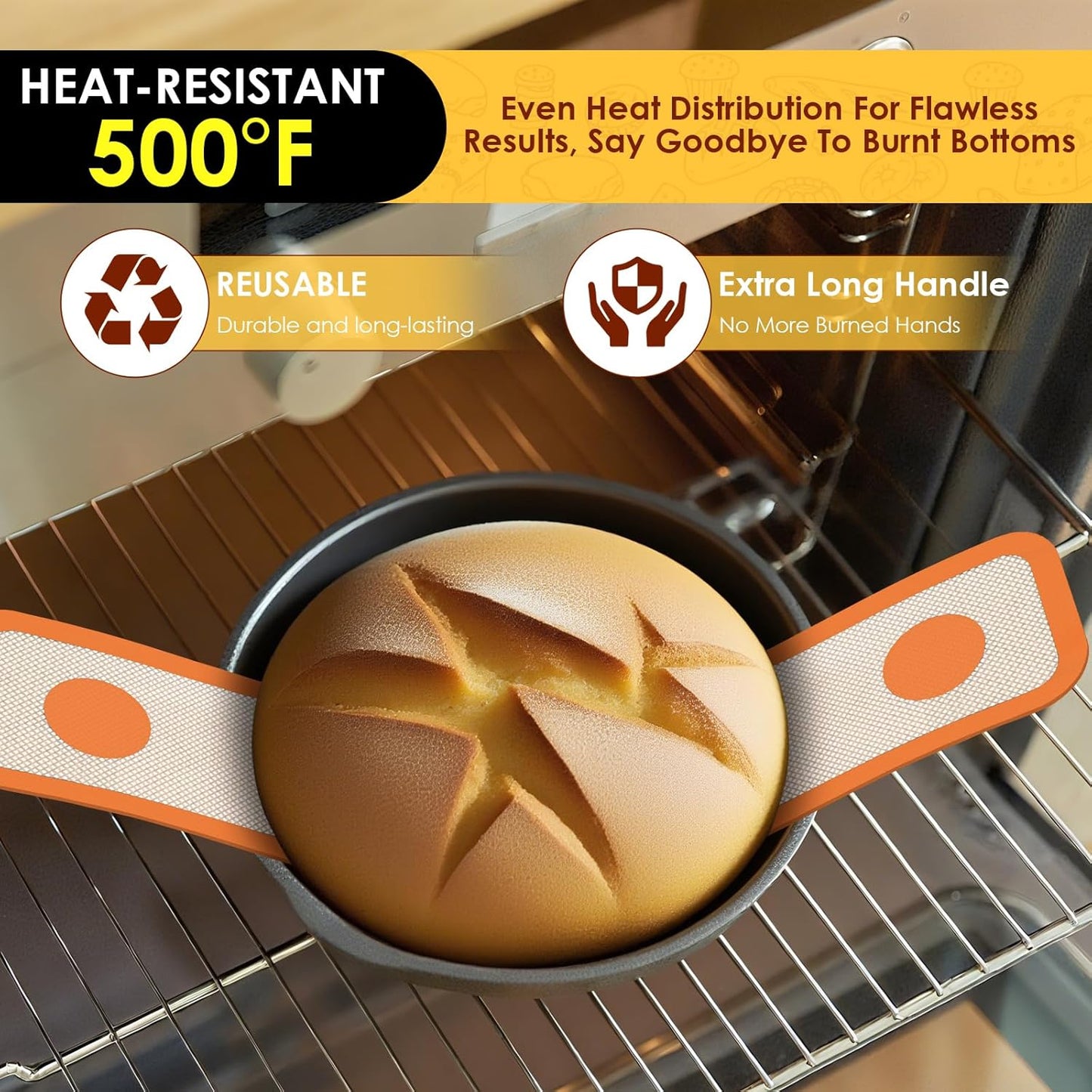 HOTEC Silicone Bread Sling for Dutch Oven - 2 Pack Non-Stick Baking Mat with Long Handle Easy to Transfer Sourdough Bread, Reusable Heat Resistant to 500°F/260°C Dutch Oven Liners Baking Supplies