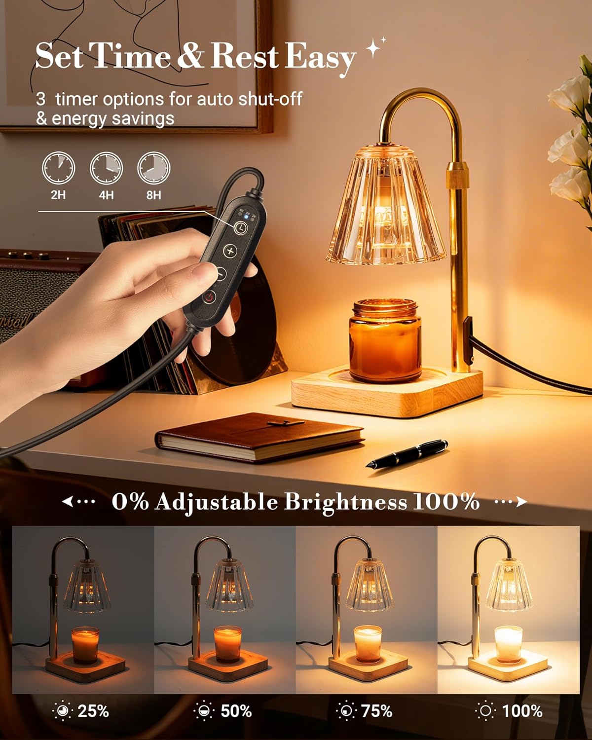 Marycele Candle Warmer Lamp with Timer & Dimmer - Mothers Day Gifts for Women Mom Her, Aesthetic Office Home Decor, Adjustable Height Wax Melter for Candle Jar & 3-Wick Candles (2 Bulbs Included)