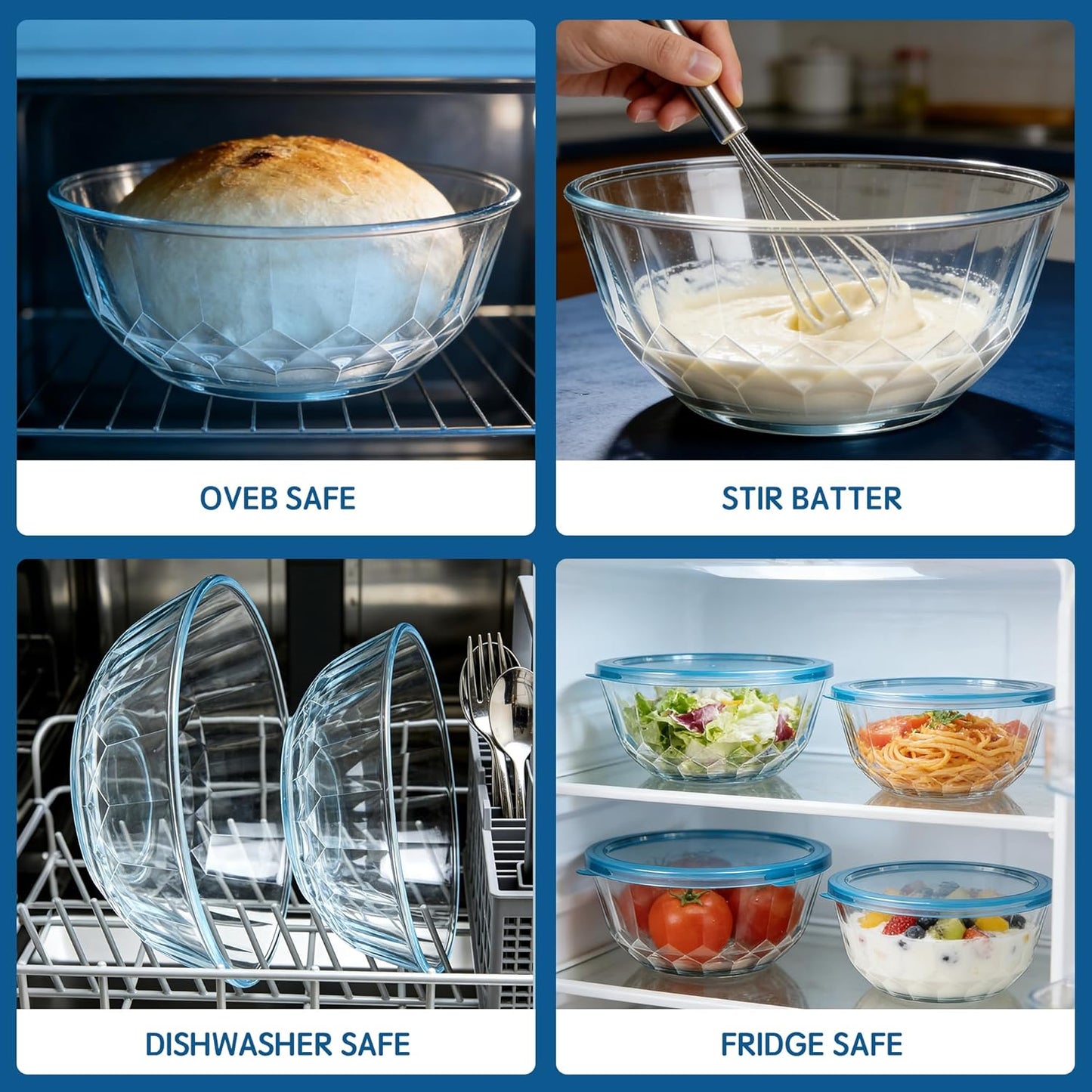 ENVTEK Thick Glass Mixing Bowls with Airtight Lids Set, 5-Piece Nesting Bowls for Baking & Meal Prep, BPA Free, Dishwasher Safe, 0.5/0.8/1.6/2.7/4.4 Quart - Gray