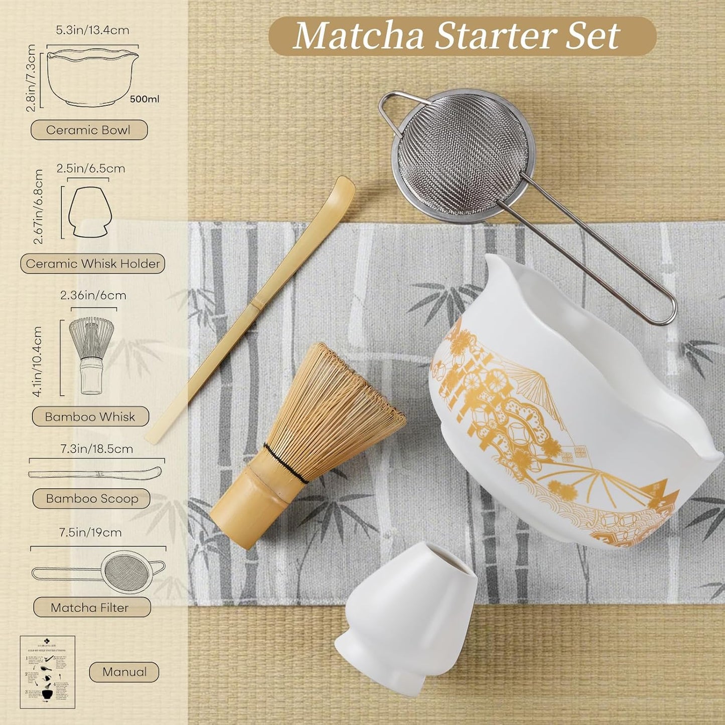 Matcha Whisk Set, 5 Pcs Traditional Japanese Matcha Whisk Preparation Kit, White Glossy Ceramic Bowl with Black Cat and Strawberry Pattern