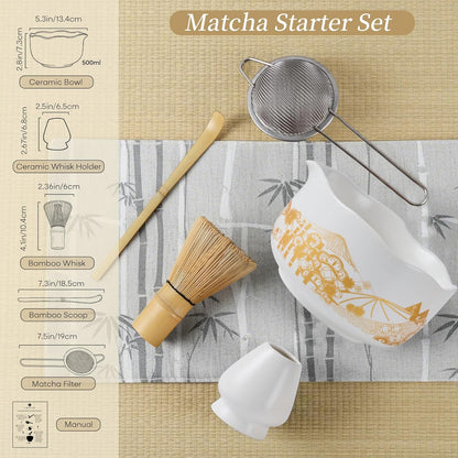 Matcha Whisk Set, 5 Pcs Traditional Japanese Matcha Whisk Preparation Kit, White Glossy Ceramic Bowl with Black Cat and Strawberry Pattern