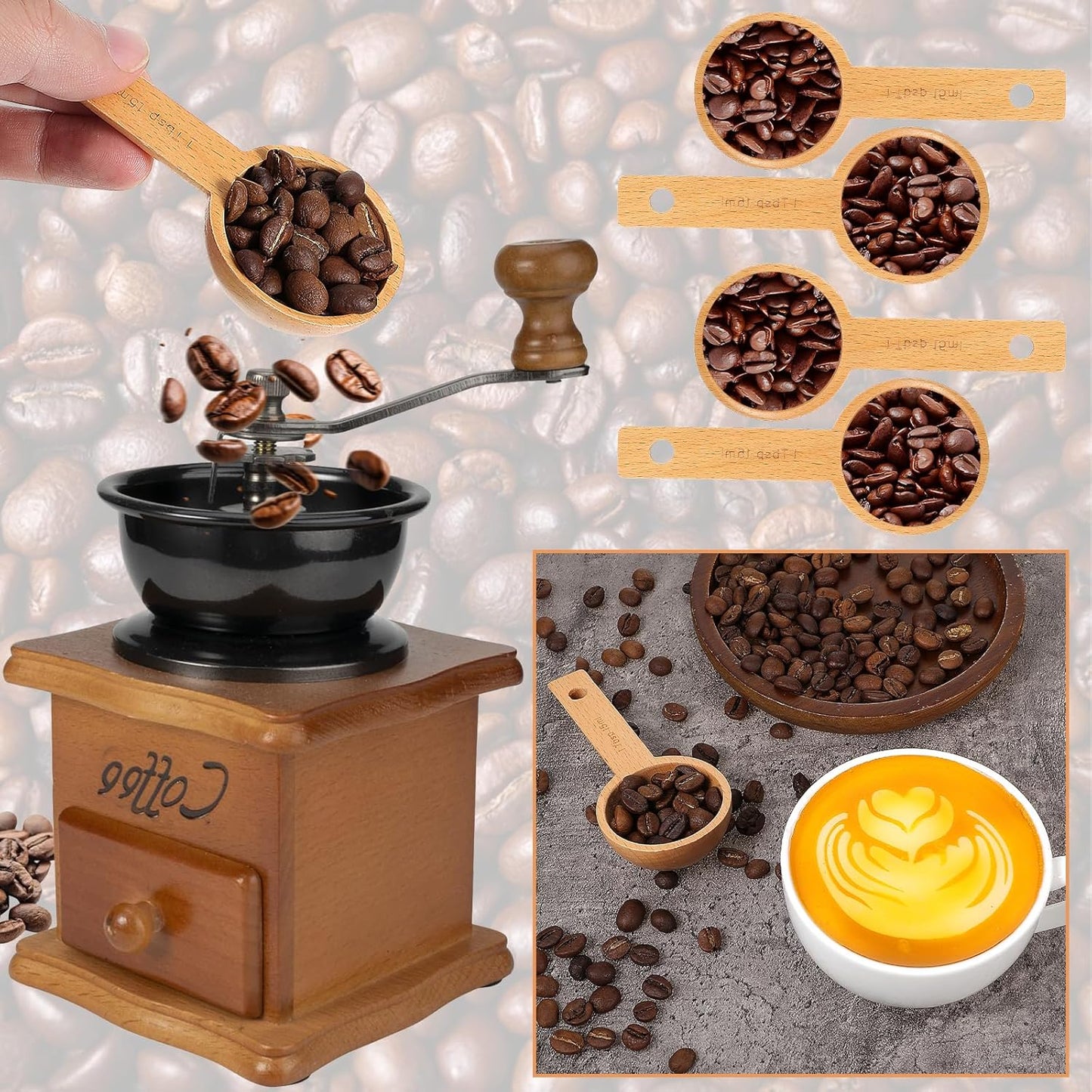 4 PCS Wooden Measuring Spoons Coffee Measuring Scoop Wooden Scoops for Jars 1 Tablespoon Beech Coffee Scoop Small Sugar Scoops for Canister for Ground Coffees Beans Sugar Tea Bath Salt Containers