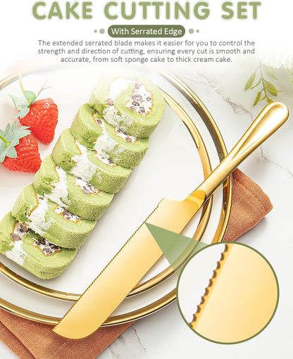 2-Piece Premium Cake Cutting Set, Exquisite Knife and Server with Serrated Design, Includes Cake Knife and Pie Spatula for Pastry, Pizza and Desserts (Gold)