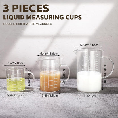 Lallisa 3 Pack High Borosilicate Glass Measuring Cups Set with Handle V Shaped Spout, 4, 2, 1 Cup 3 Scales (Oz, Cup, Ml) for Kitchen Restaurant Baking Cooking, Easy to Read, Clear(White Scale)