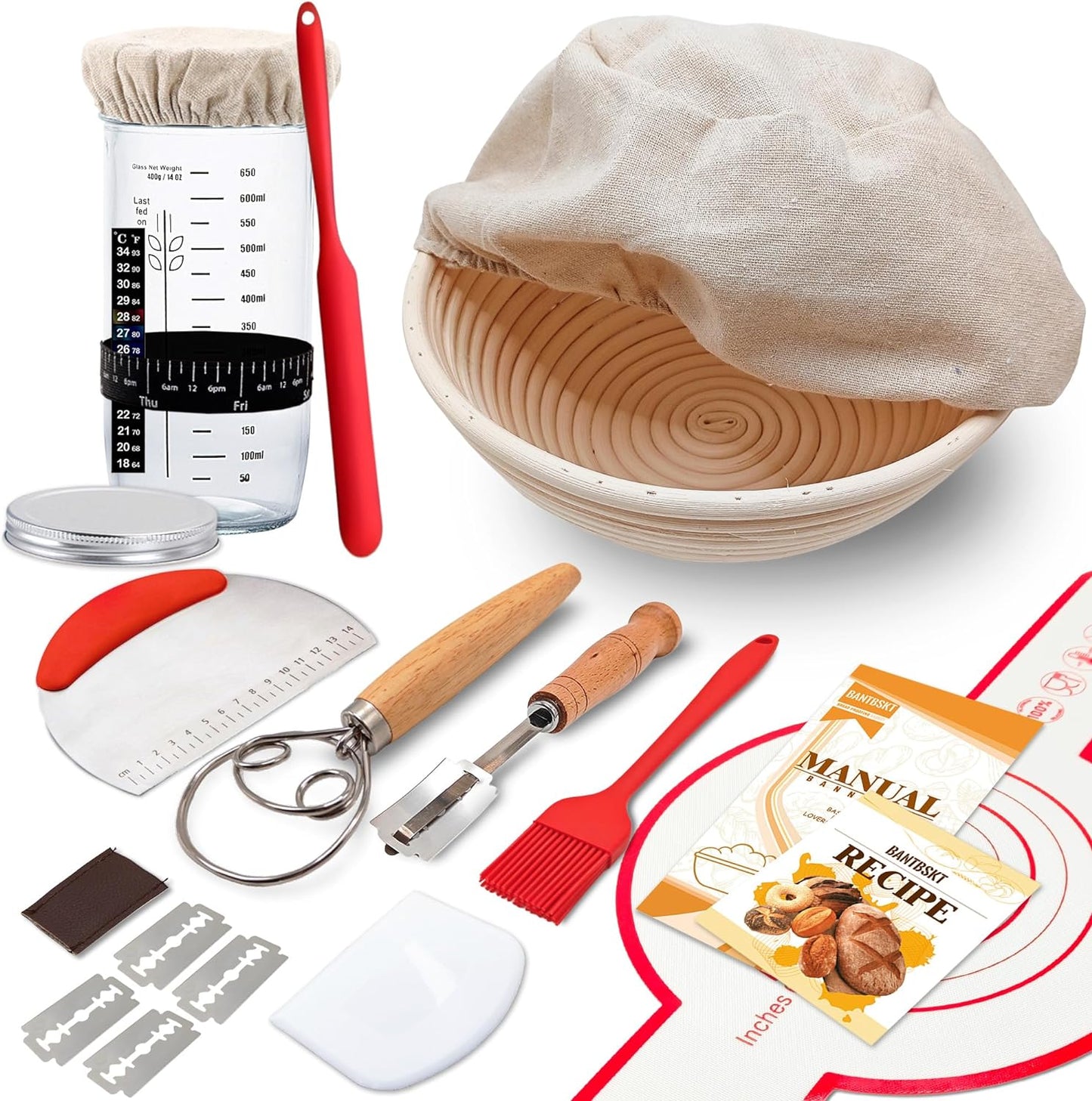 Complete Sourdough Starter Kit, Sourdough Bread Baking Supplies, Banneton Bread Proofing Basket with Sourdough Starter Jar, 9inch Round Bread Proofing Basket, for Bread Baking