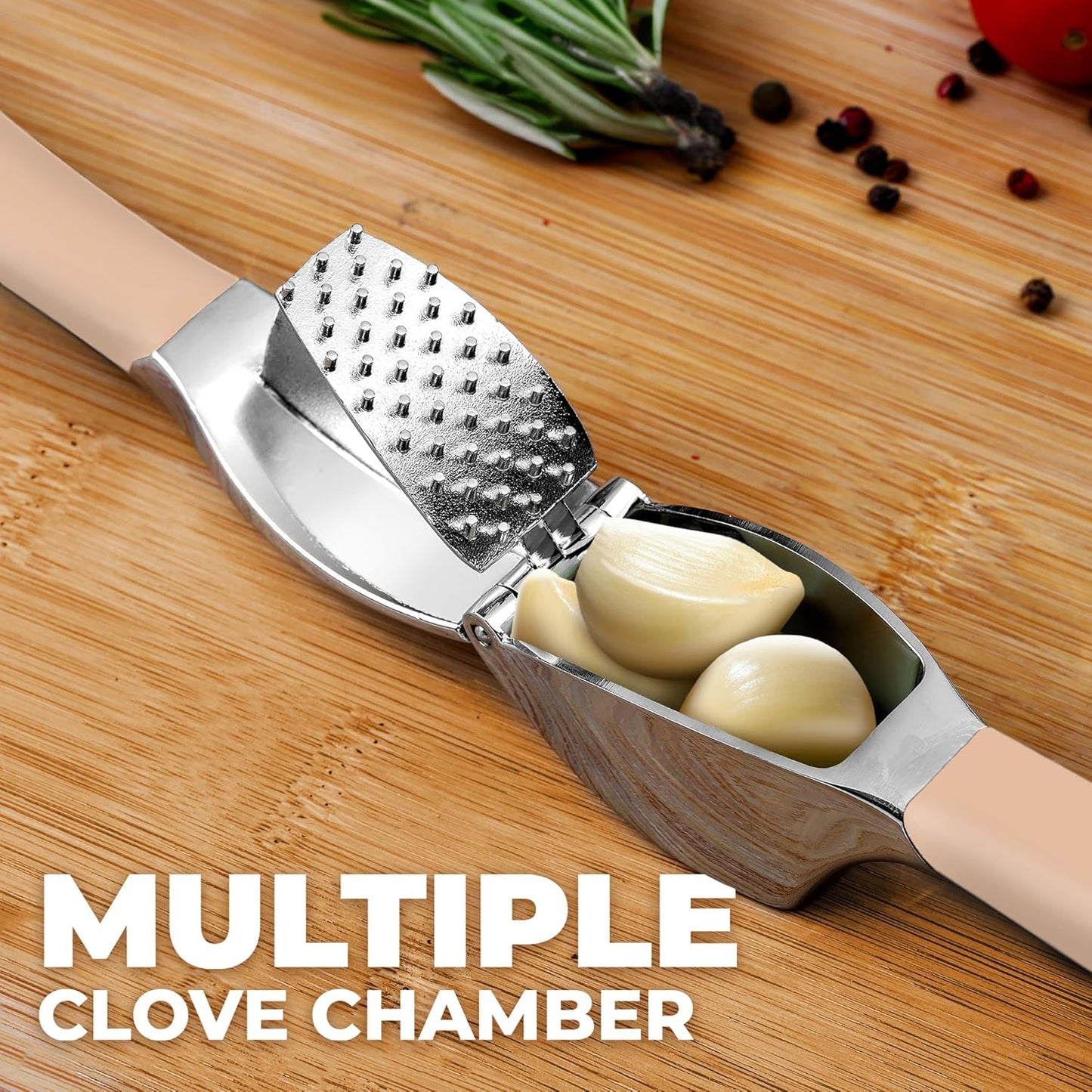 Zulay Kitchen Comfort Grip Garlic Press - Garlic Mincer Tool - Garlic Crusher - Garlic Press Mincer Rust Proof, with Soft Ergonomic Handle, Easy Clean Set with Peeler and Brush - Red