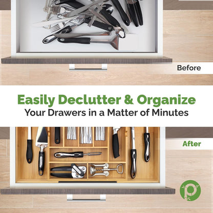 Pristine Bamboo Silverware Organizer - Small Extra-Deep Wooden Kitchen Drawer Organizer Divider for Spoons, Forks, Knives & Cutleries - 5 Slots