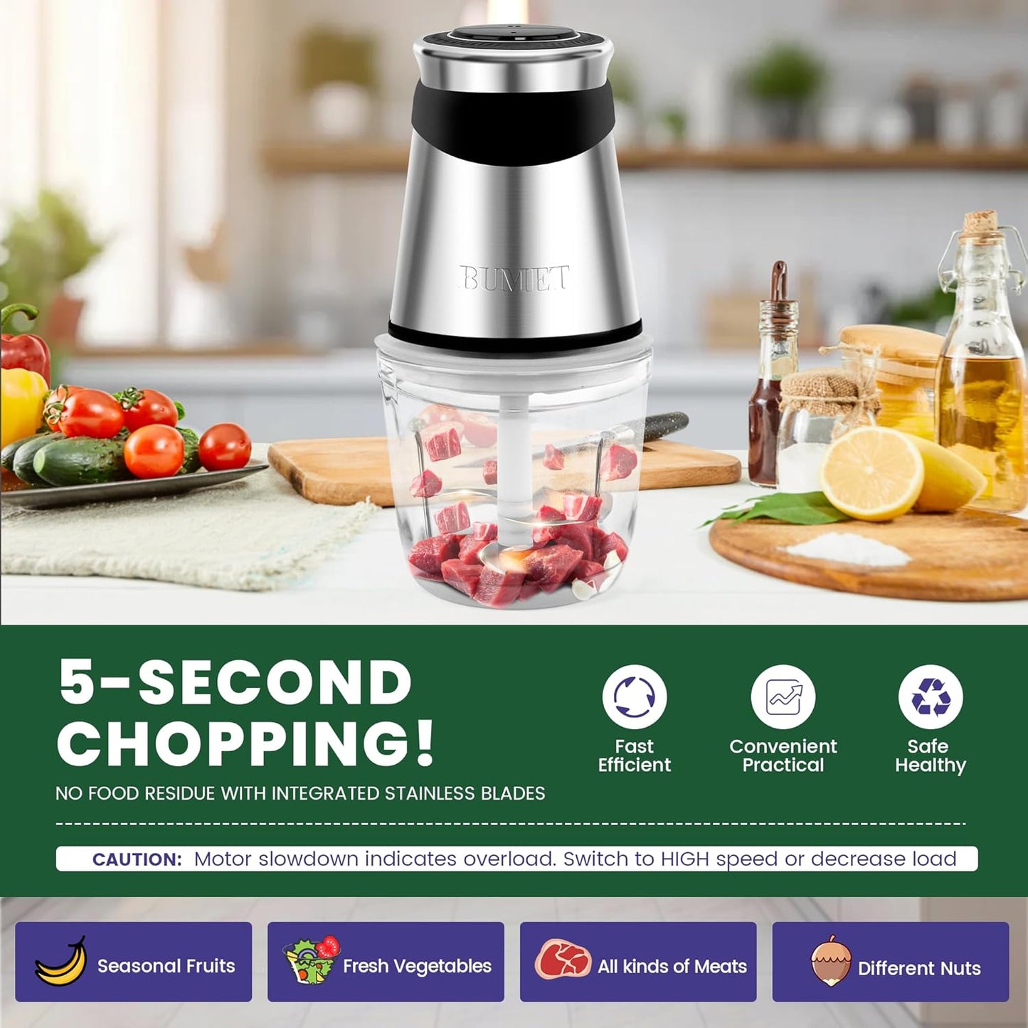 BUMET Electric food processor vegetable chopper 500W 2x8cup bowls 2 bi-layer 4 blades Small Food chopper ideal as Electric Meat grinder for home use,Mincing,chopping for kitchen aid,baby foot,pet food