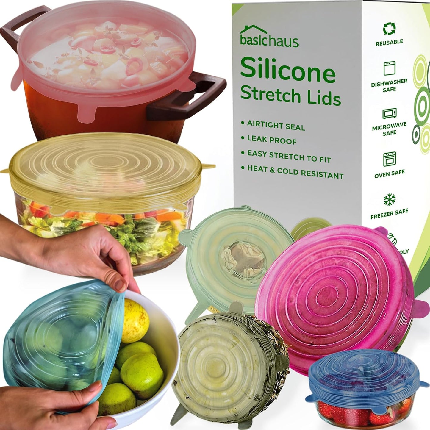 Reusable Silicone Stretch Lids for Food Storage in Fridge - Elastic Heat-Resistant Bowl Covers, Cups, Cans, Jars - Universal Food Grade Lid for Round and Rectangle Containers - Dishwasher Safe -7 Pack