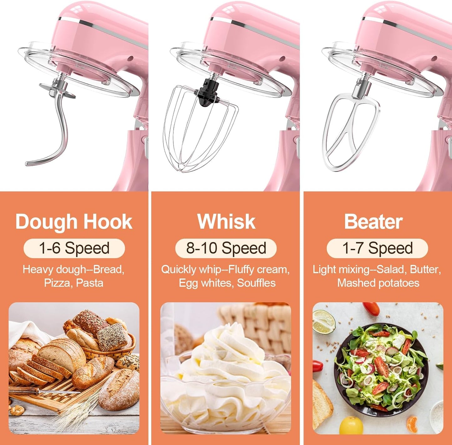 CEBORY 3-IN-1 Electric Stand Mixer, 6.5QT Bowl 660W 10-Speed Kitchen Mixer, Household Food Mixers include Dough Hook, Beater and Whisk, Bread Cake Mixer for Baking and Most Home Cooks, Pink