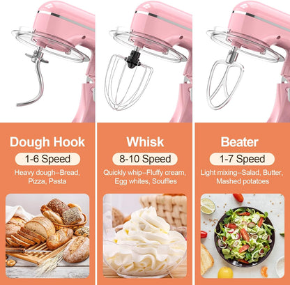 CEBORY 3-IN-1 Electric Stand Mixer, 6.5QT Bowl 660W 10-Speed Kitchen Mixer, Household Food Mixers include Dough Hook, Beater and Whisk, Bread Cake Mixer for Baking and Most Home Cooks, Pink