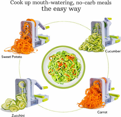 Brieftons QuickFold 5-Blade Spiralizer: Versatile & Compact Foldable Vegetable Spiral Slicer, Best Veggie Pasta Spaghetti Maker for Low Carb/Paleo/Gluten-Free with Brush & 4 Recipe Ebooks
