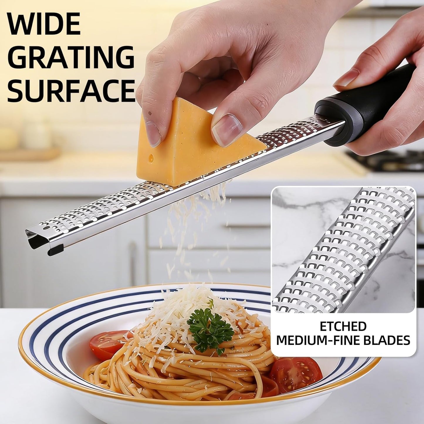 MANJIA Lemon Zester & Cheese Grater Stainless Steel Cheese Grater with Plastic Cover, for Lime Chocolate, Ginger and Garlic (Long Style)