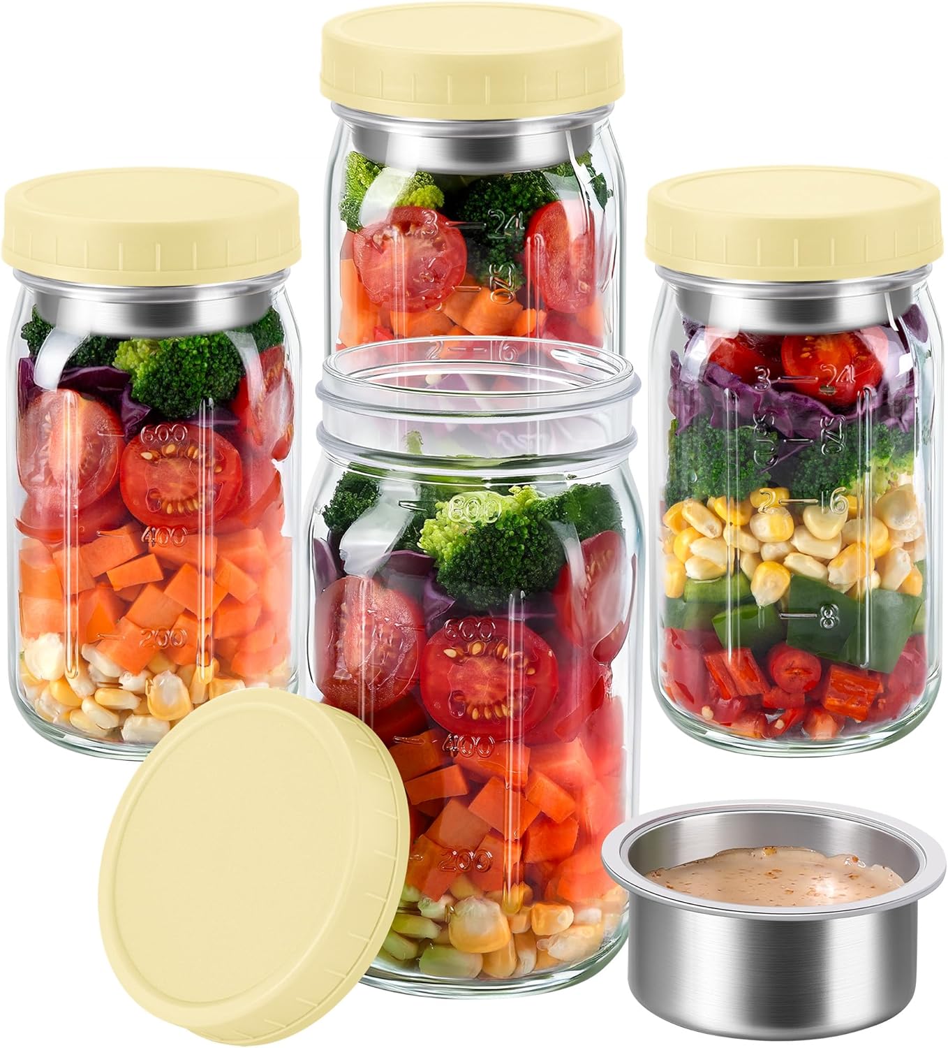 KTKUDY 4 Pack 32 oz Glass Salad Jars with Dressing Cups (Pod) - Meal Prep Salad Container for Lunch - Leakproof Mason Jars with Lids