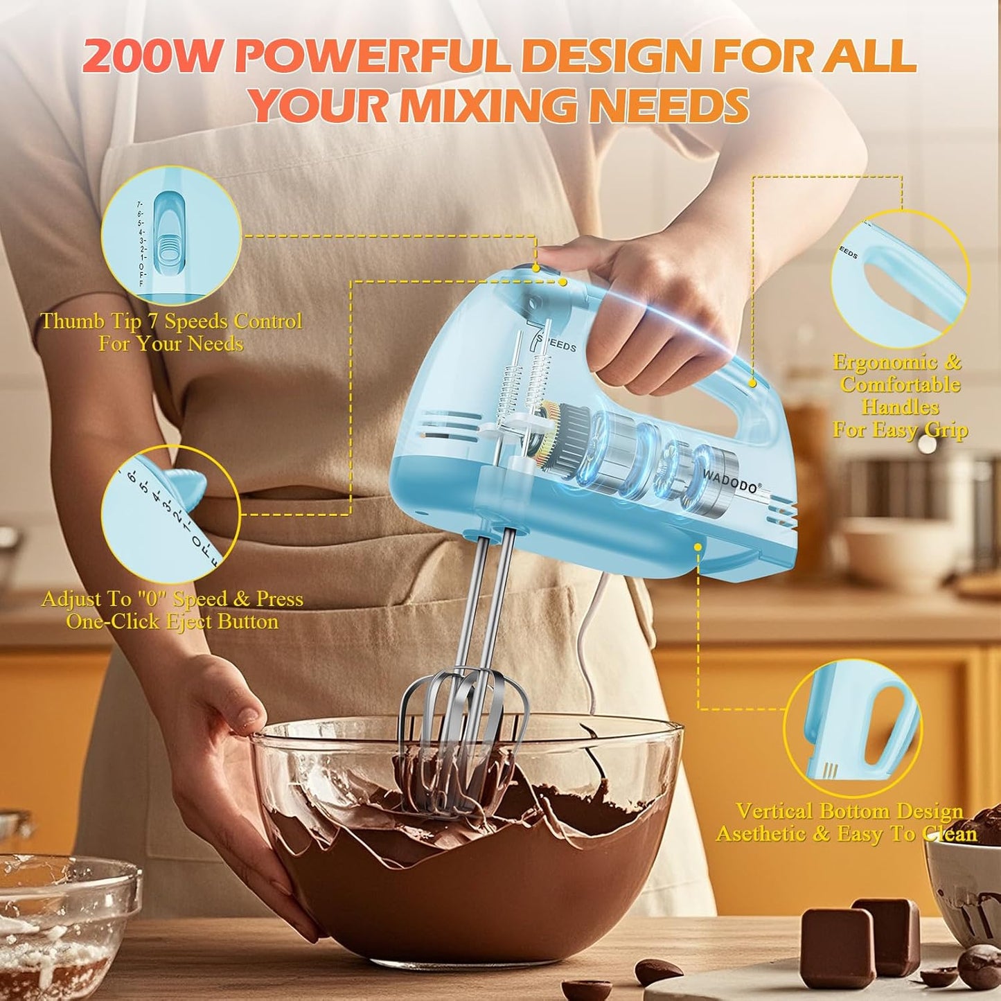 WADODO 7-Speed Electric Hand Mixer – Portable Food Mixer Kitchen Mixer with 304 *(1x Whisk, 2x Beater, 2x Dough hook) for Baking Cakes, Cream, Cookies, Light Pink