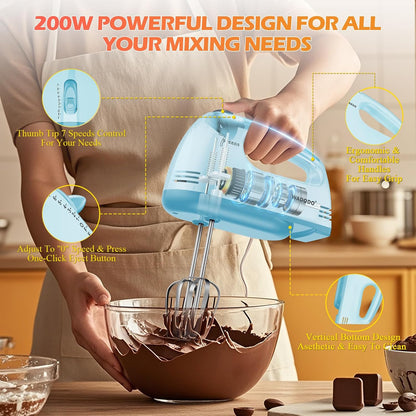 WADODO 7-Speed Electric Hand Mixer – Portable Food Mixer Kitchen Mixer with 304 *(1x Whisk, 2x Beater, 2x Dough hook) for Baking Cakes, Cream, Cookies, Light Pink
