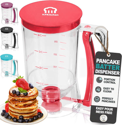 Pancake Batter Dispenser - Kitchen Must Have Tool for Perfect Pancakes, Cupcake, Waffle, Muffin Mix, Cake & Crepe - Easy Pour Baking Supply for Griddle - Pancake Maker with Measuring Label (Turquoise)