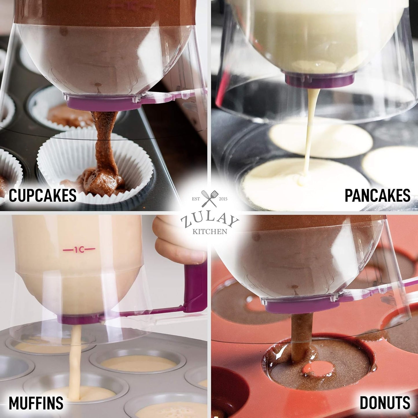 Zulay Kitchen 4 Cup Pancake Batter Dispenser With Squeeze Handle - Pancake Dispenser For Batter With Measuring Label - Pancake Batter Mixer Dispenser Bottle For Cupcakes, Crepes, Waffles & More