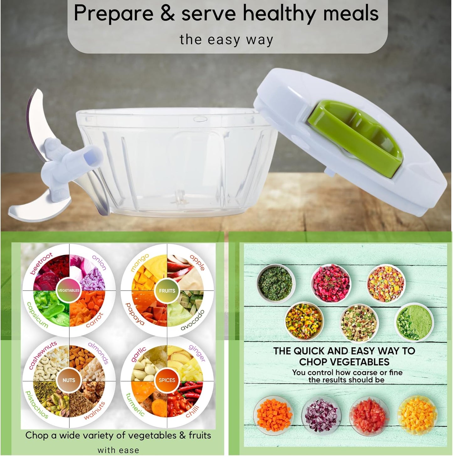 Brieftons QuickPull Manual Food Chopper: Large 4-Cup Powerful Hand Pull Chopper/Mincer/Mixer Blender to Chop Onion, Garlic, Vegetables, Fruits, Herbs for Salsa, Salad, Pesto, Puree, Indian Cooking