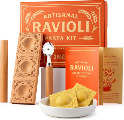 Cooking Gift Set Co. Artisanal Ravioli Maker Press, Wooden Ravioli Mold & Pasta Maker, Ravioli Press, Pasta Cutter Wheel, Ravioli Maker Tool, Guide Pasta Making Tools Set for Homemade Pasta (3 Piece)