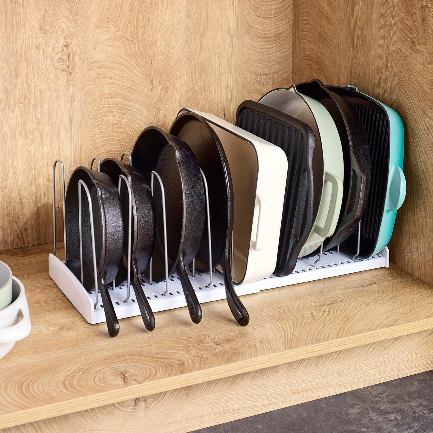 YouCopia StoreMore Expandable Cookware Rack with Tall Steel Wires, 12.5"-22" Wide Adjustable Pan Organizer for Kitchen Cabinet Storage, Premium Edition
