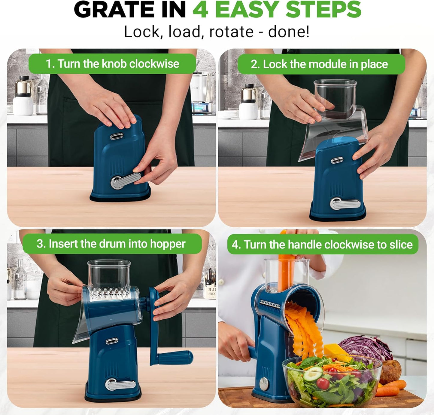 NutriChef 5 in 1 Cheese Grater & Shredder | 5 Different Blades for Thin, Thick, Julienne Strips, Wavy, & Straight Strips | Includes Hand Crank, Strong Suction Base & Storage Container | Black