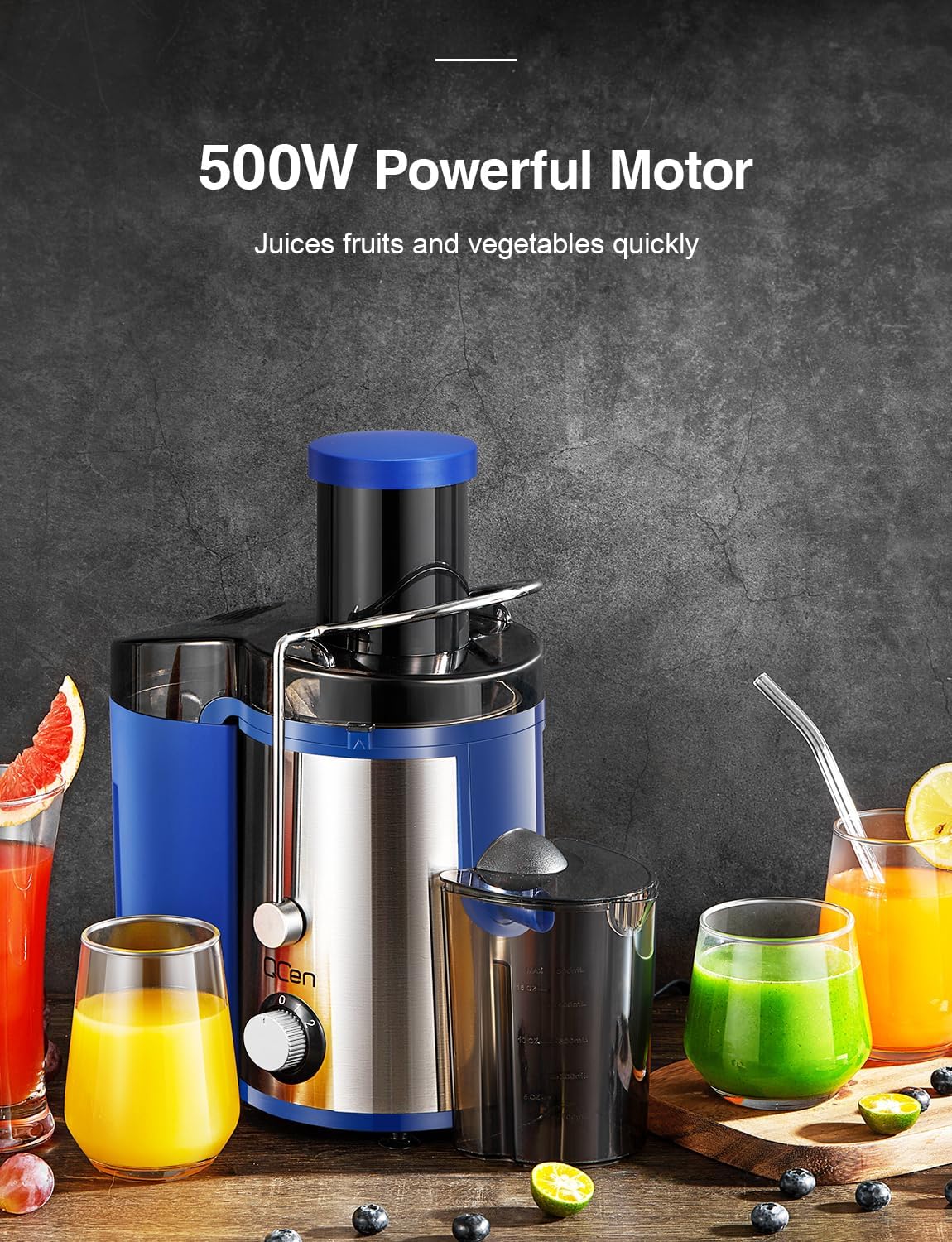 Qcen Juicer Machine, 500W Centrifugal Juicer Extractor with Wide Mouth 3” Feed Chute for Fruit Vegetable, Easy to Clean, Stainless Steel, BPA-free (Black)