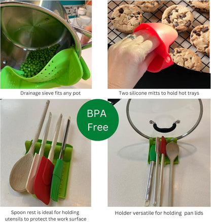BaraBara 10 pcs Silicone Telescopic Collapsible Strainers with Handles, Foldable Bowl, Clip on Drainer. Green Spoon Rest, 3 ladle Masher Spoons. Silicone Gloves Heat Resistant Bundle Cooking Set.