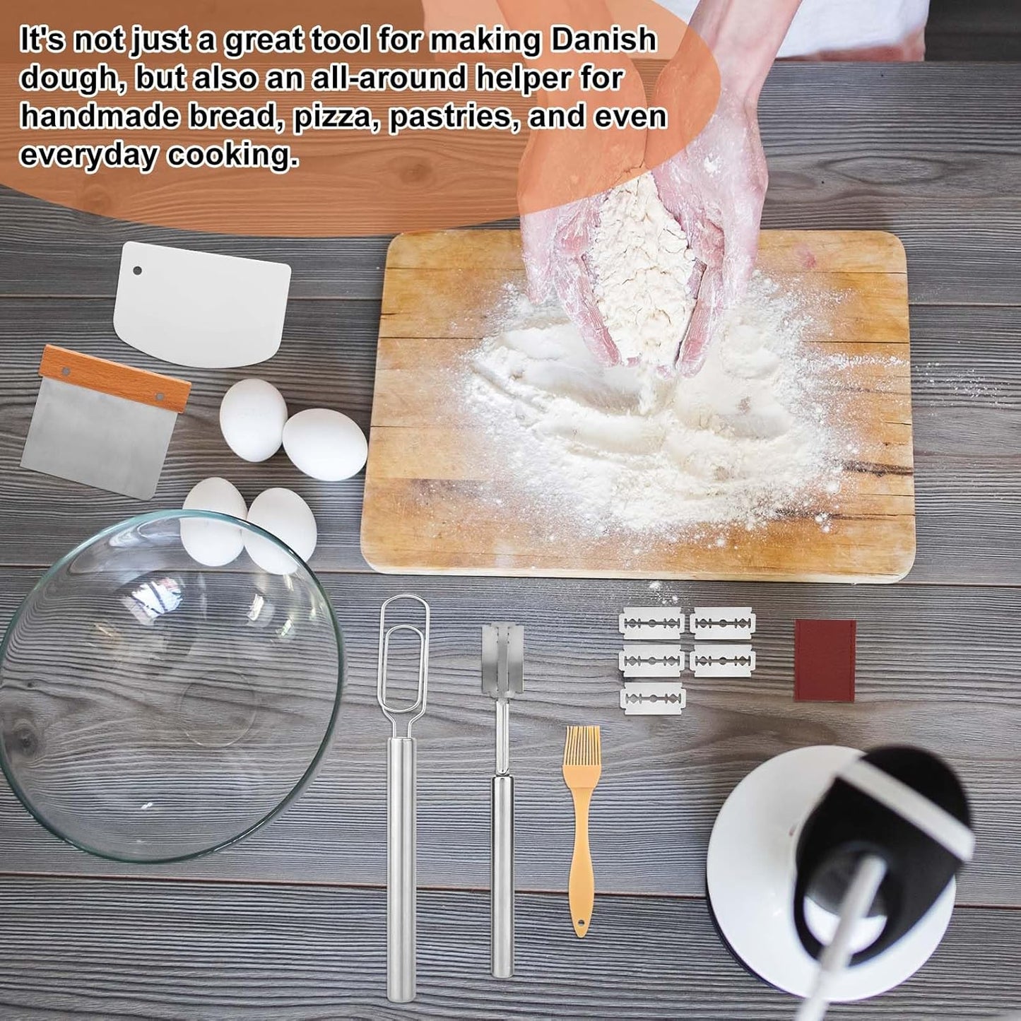 Danish Dough Whisk for Sourdough Starter, 30cm/12in Stainless Steel Dutch Bread Whisk & Dough Hook Mixer Tool Reaches Jar Bottom for Pizza Cooking Baking Dishwasher Safe