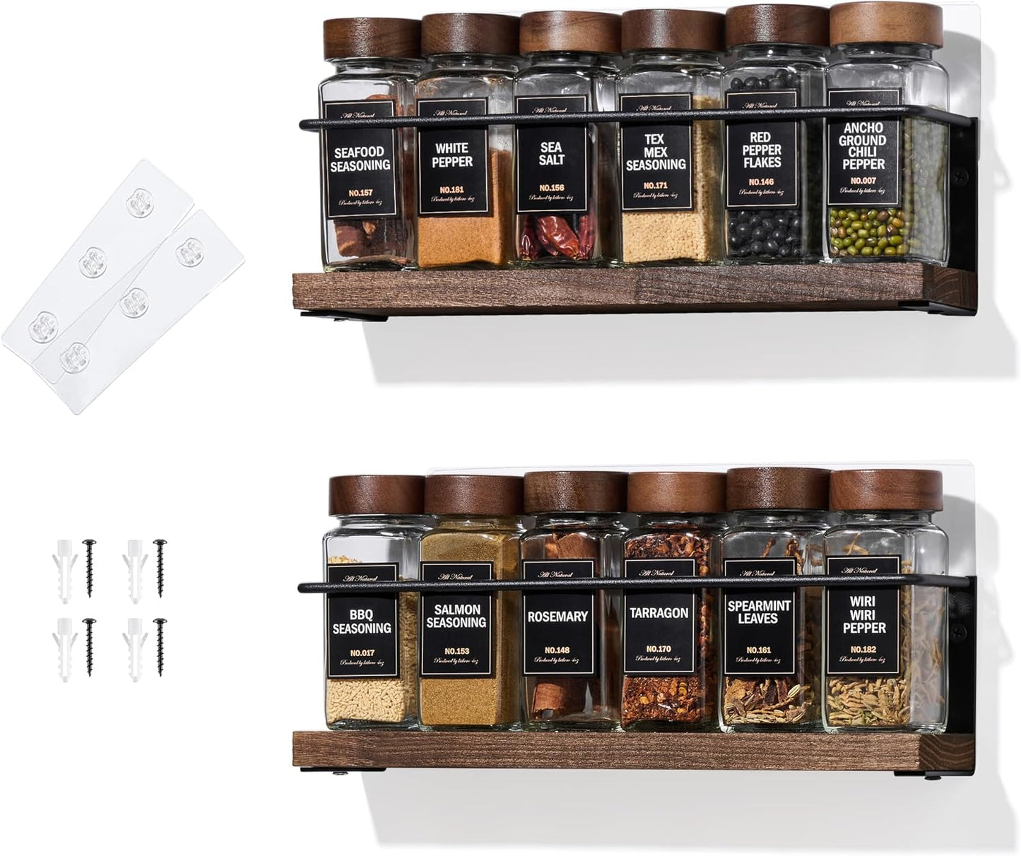 4-Tier Wall Mount Spice Rack Organizer with 24 Glass Jars, 216 Labels & Funnel - Screw/Adhesive Mount, Black Metal & Wood Spice Storage for Kitchen Pantry Cabinet, 11.6”W x 2.4”D x 3.2”H