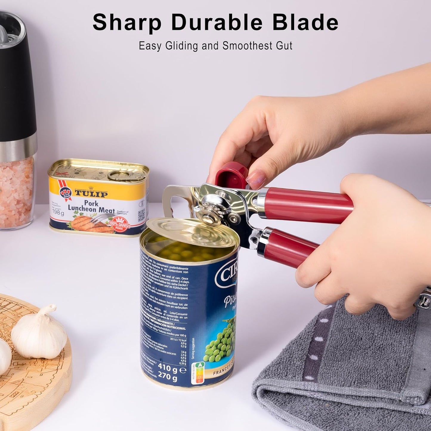 Urbanstrive XL Large Heavy Duty Can Opener Manual Smooth Edge, Hand Held Can Openers for Seniors, Stainless Steel, Comfortable Handle, Built-in Bottle Opener, 8.66 inch (Red)
