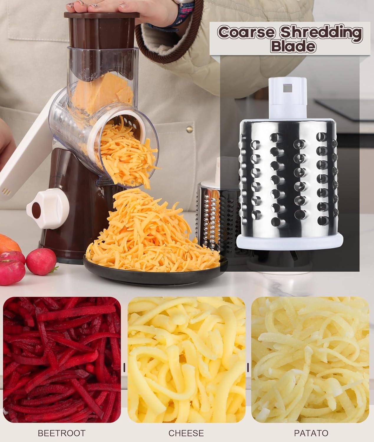 Ourokhome Rotary Cheese Grater Hand Crank, Kitchen Shredder Speed Mandolin Slicer Nut Grinder with Handle and Drum Blades for Cheese, Vegetable, Walnut, Chocolate, Potato, Carrot, 3 Blades, Dark Blue