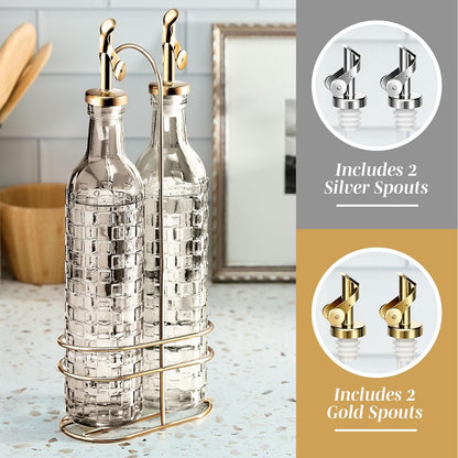COOK WITH COLOR Glass Olive Oil Bottle Dispenser - 2 Pack- 17oz Oil and Vinegar Cruet - Olive Oil Carafe Decanter for Kitchen, Elegant Waves, Clear