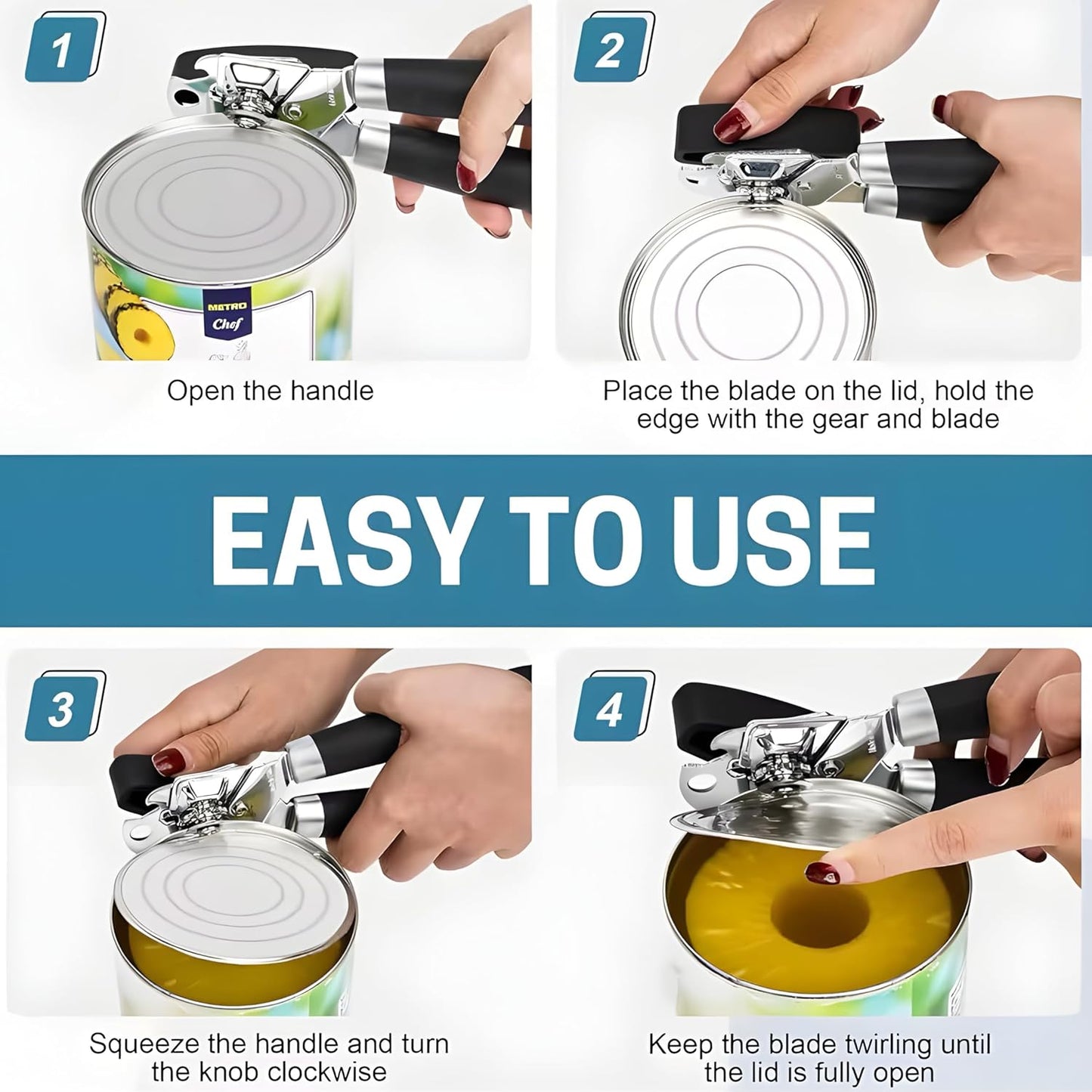 Heavy-Duty Can Opener – Stainless Steel Smooth-Glide Manual Can Opener for Cans & Bottles | Sharp Cutting Wheel, Ergonomic Non-Slip Handles, Rust-Proof Kitchen Tool.