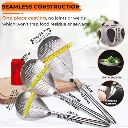 MARTE Skimmer Slotted Spoon Set of 4 - Kitchen Pasta Strainer Spoon - Spider Strainer Skimmer Ladle Spoon with Holder for Cooking and Frying Food, Spaghetti, Vegetable, Dumpling - 14.8In,16.5In,17In