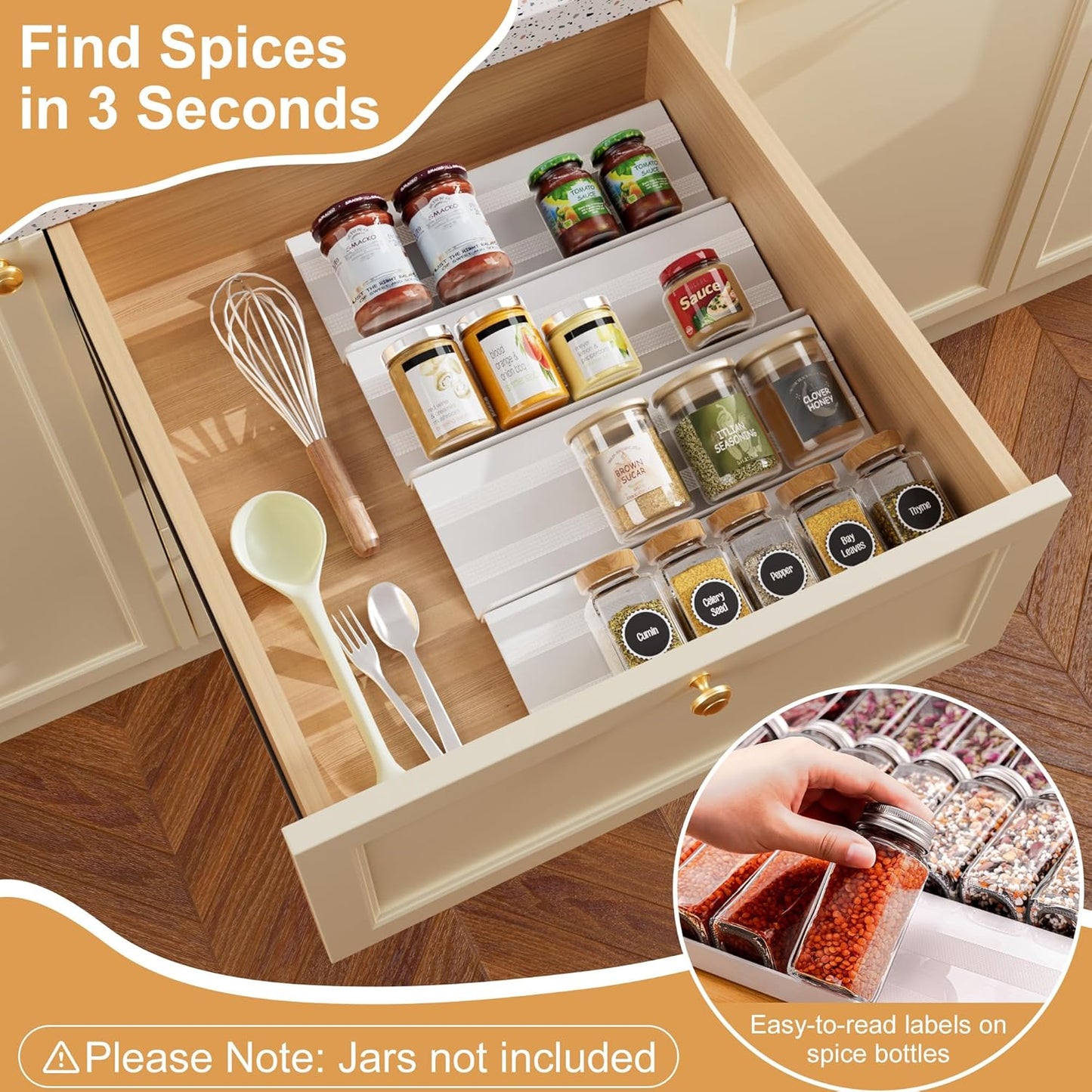 8-Pack Spice Drawer Organizer, Expandable Acrylic Seasoning Rack (13" to 26") with Anti-Slip Mat, Kitchen Spice Rack Holds up to 56 Jars (Jars Not Included)