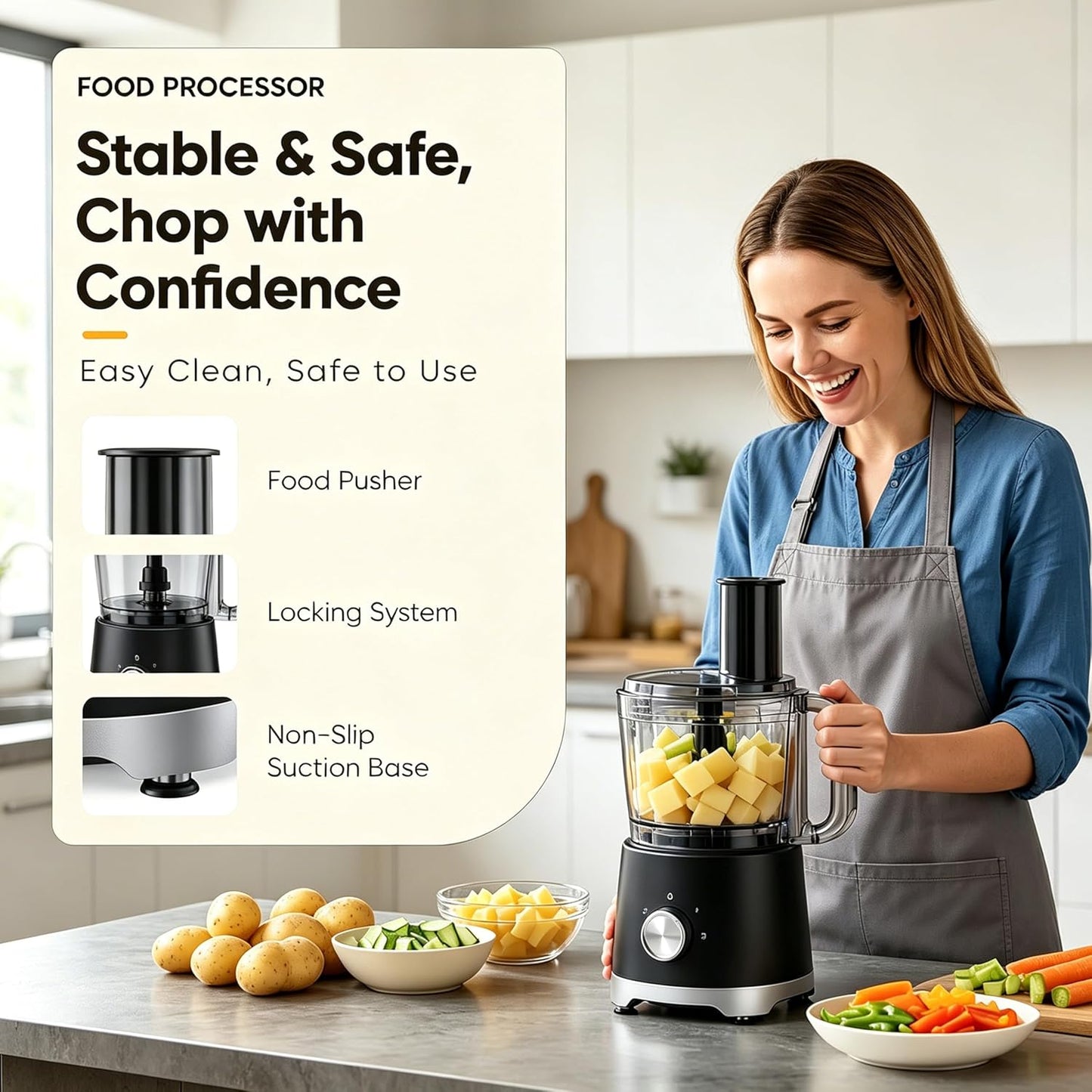 Simple Deluxe Food Processor 10.5 Cup, Multi-Functional Vegetable Choppers Food Grinder with Slicing Shredding Chopping Kneading, Suitable for Smoothie Fruit Dough, 2.6QT, Black