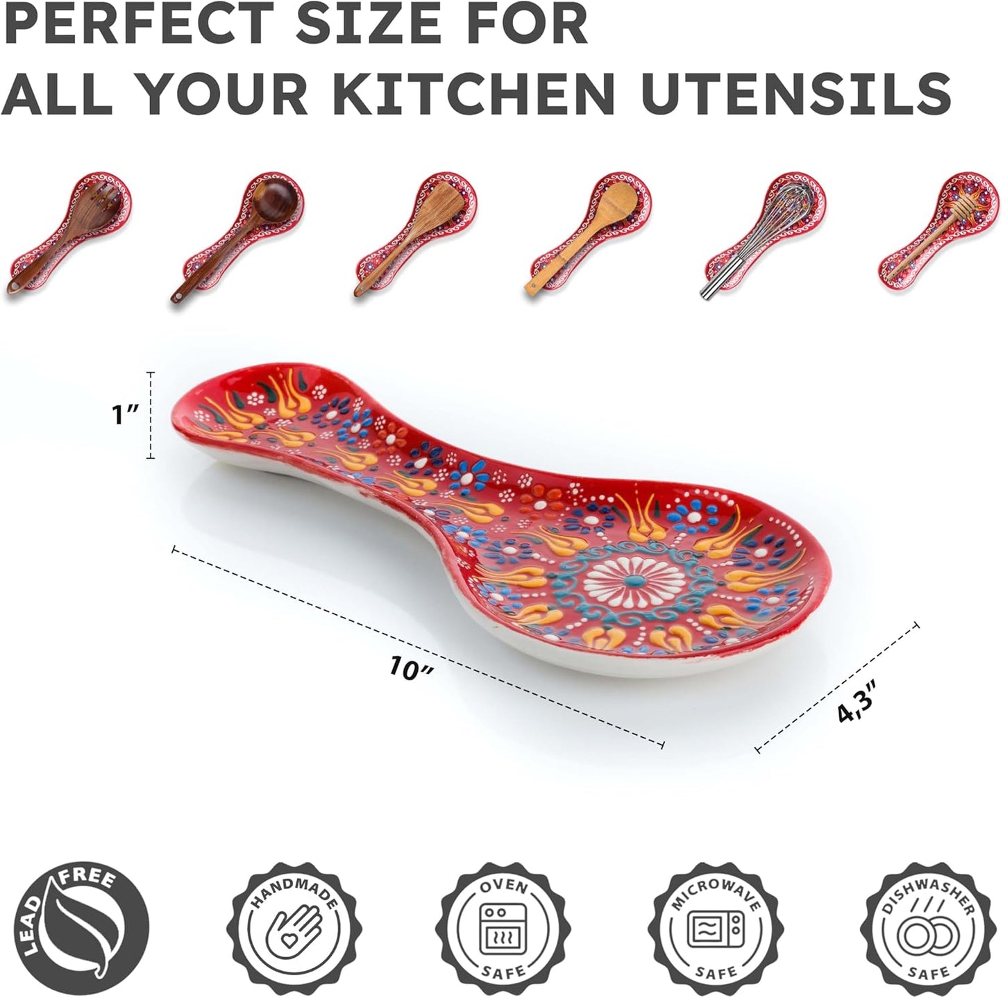 Handmade Spoon Rest, Ceramic Spoon Rest for Stove Top, 10" Spoon Rest for Kitchen Counter, Dishwasher Safe Spoon Holder for Stove, Housewarming Gifts Utensil Rest, Colorful Spoon Rests (Black)