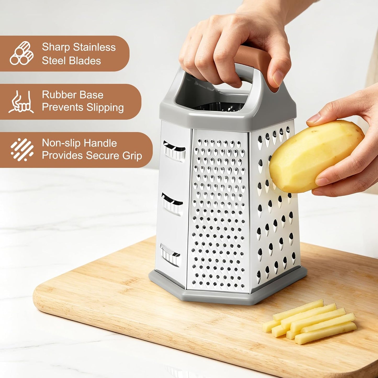 Cheese Grater, 6 Sides Box Graters for Kitchen, Stainless Steel Food Shredders for Cheese Vegetables Potatoes Carrot (Pink Handle)