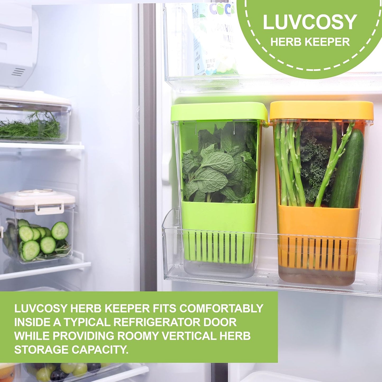 LUVCOSY Herb Keeper Set: 3 Pack Herb Saver+1 Pack Herb Scissors+2 Pack Herb Stripper, BPA-Free Plastic Herb Container for Cilantro, Mint & Asparagus, Keeps Fresh Herbs for 3 Times Longer