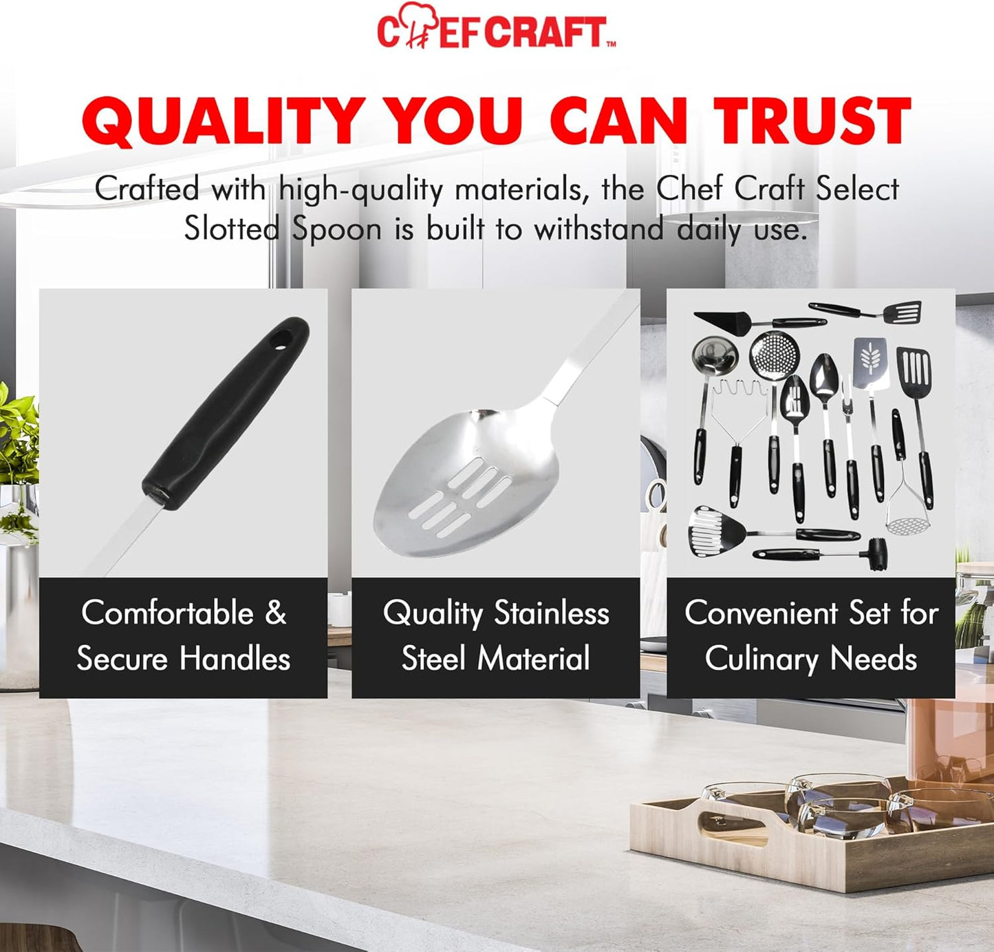 Chef Craft Select Slotted Sturdy Skimmer, 13 inch, Stainless Steel