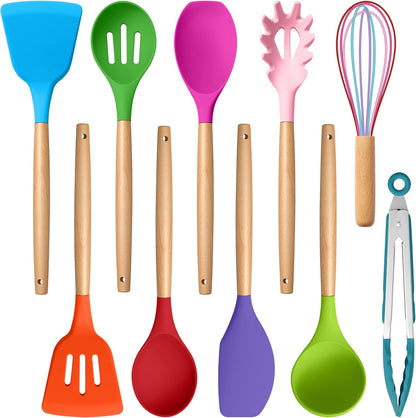 E-far Silicone Cooking Utensils Set, 10-Piece Heat Resistant Kitchen Utensils Set with Wooden Handle for Nonstick Cookware, Kitchen Nonstick Tools Spatula Whisk Tongs Ladle, Non-toxic & Healthy(Khaki)