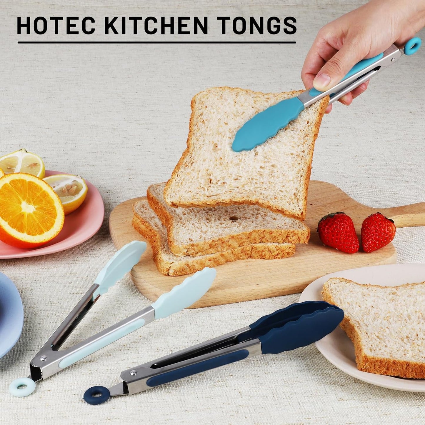 Hotec Silicone Kitchen Tongs for Cooking 9-Inch Serving Tongs with Silicone Tips, Set of 3 (Gradient Blue)