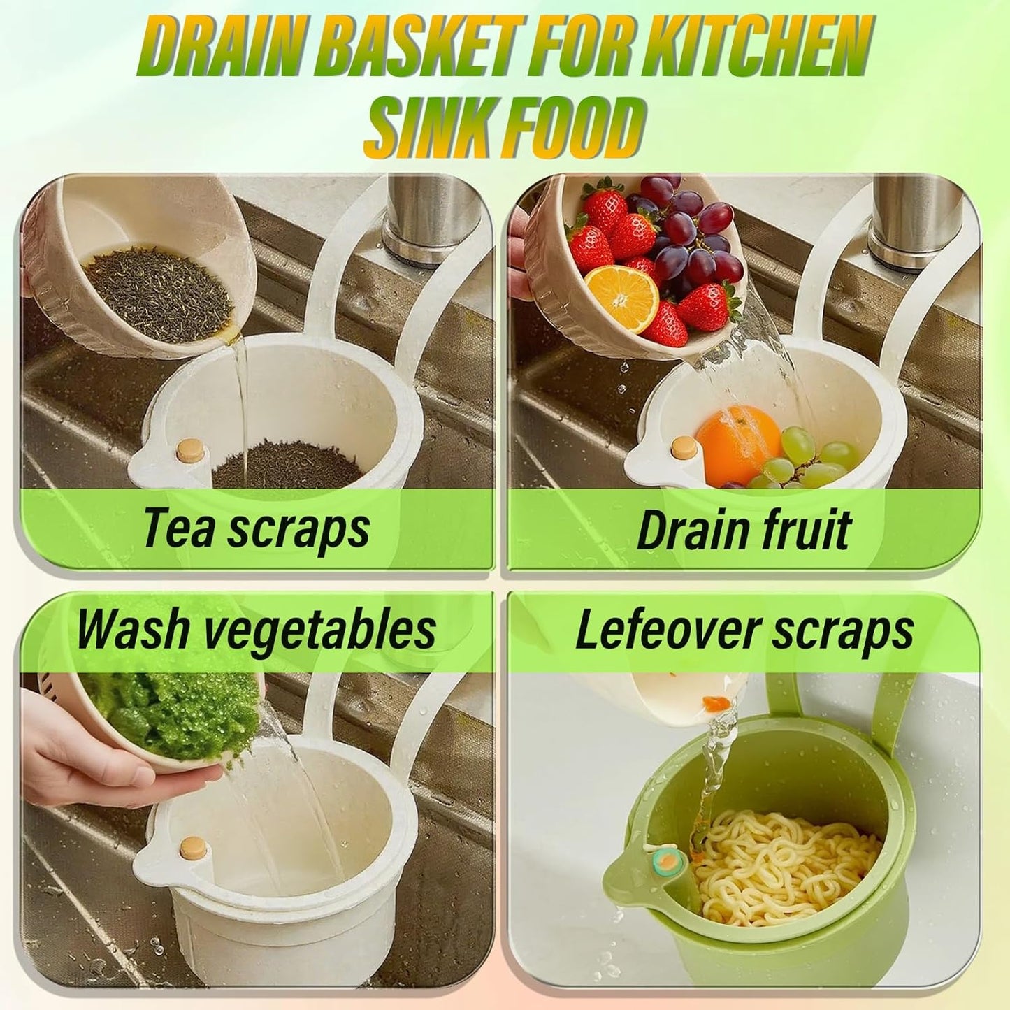 Kitchen Sink Drain Strainer Basket, Hanging Multi-Purpose Kitchen Sink Strainer Draining Basket, Self-Cleaning Press to Open The Food Waste Trash Catcher Basket Garbage Leftovers, Green