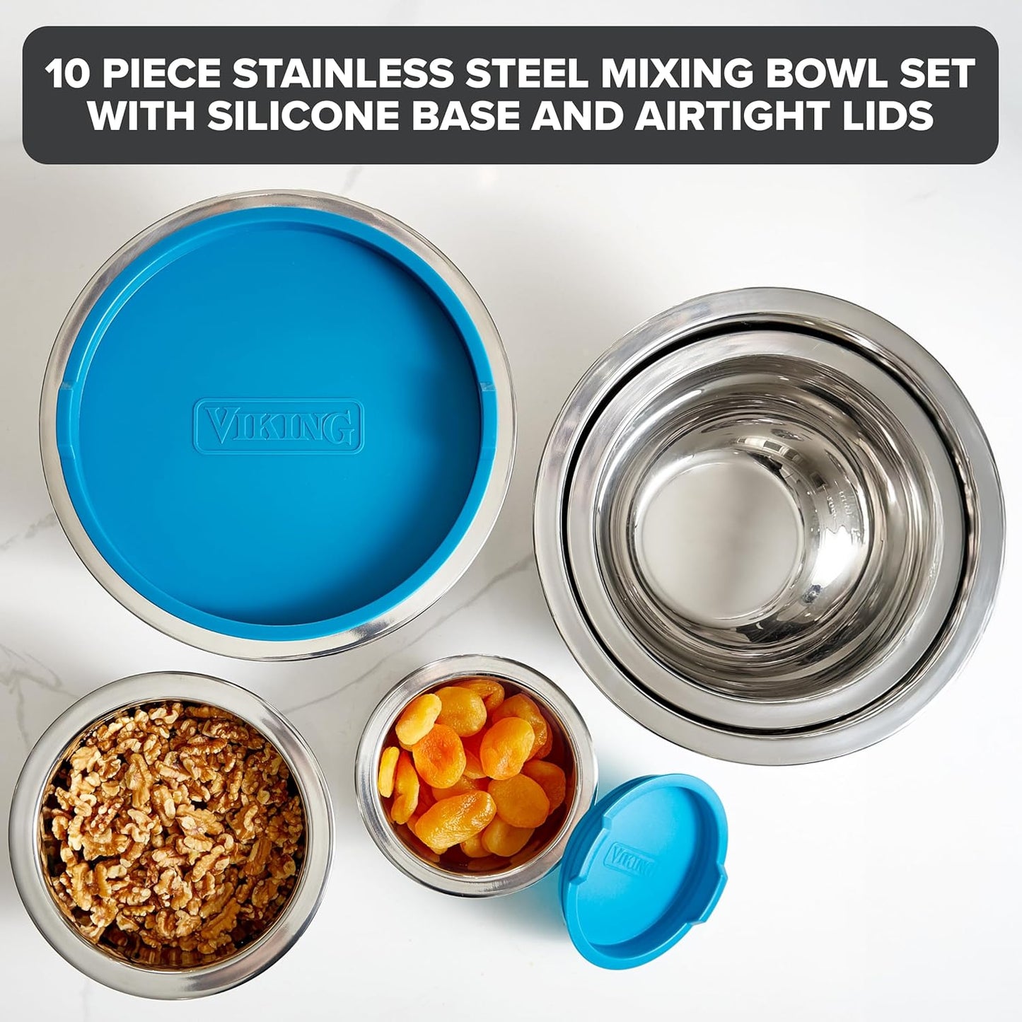 Viking Mixing Bowls Set, 10 Piece Stainless Steel Kitchen Cookware, Non-Slip Silicone Base, Includes Tight Fit Lids, Dishwasher Safe, Black