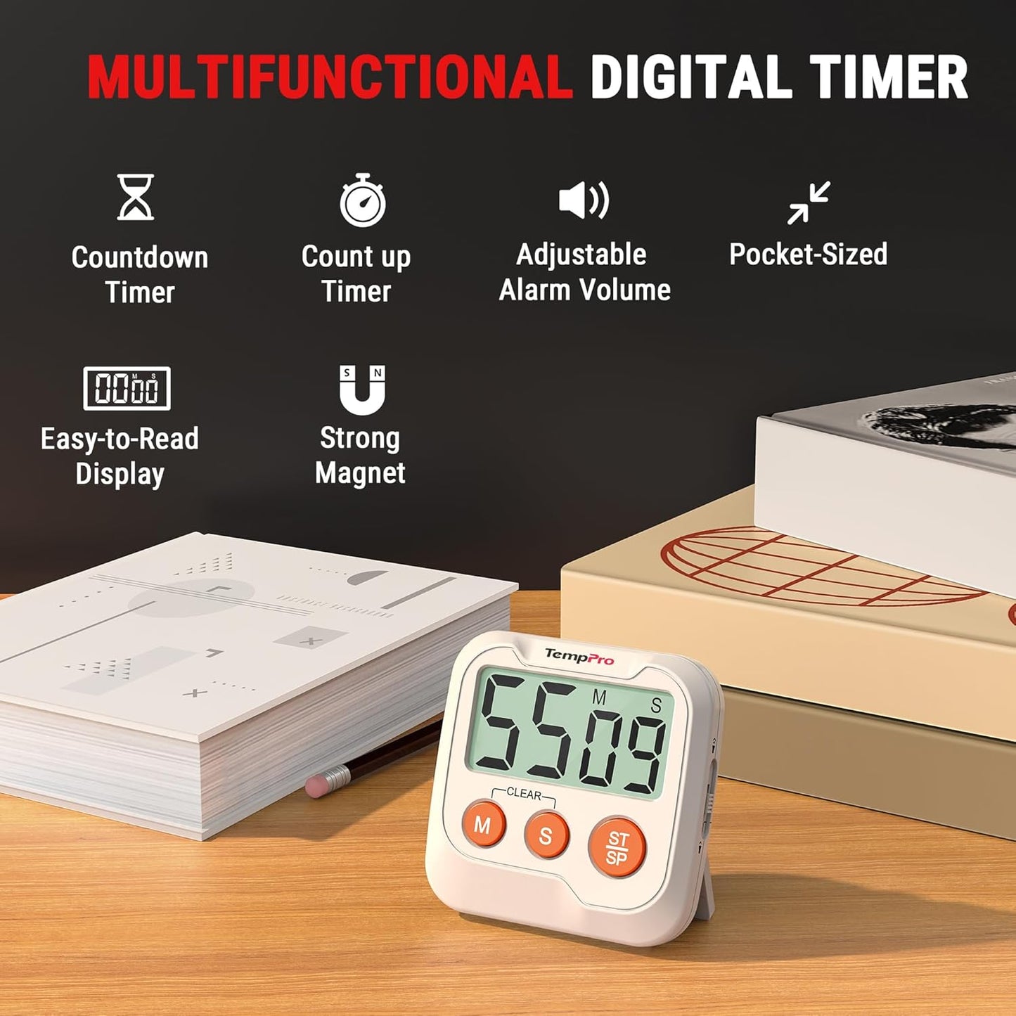 TempPro TM03 Digital Timer for Kids & Teachers, Kitchen Timers for Cooking with 2 Alarm Volume, Countdown Timer Stopwatch for Classroom Supplies, Exercise, Baking, Work, 2-Pack (Previously ThermoPro)