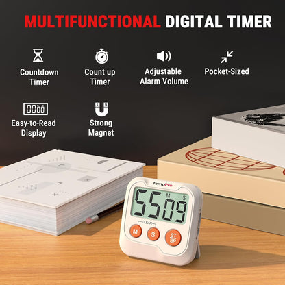 TempPro TM03 Digital Timer for Kids & Teachers, Kitchen Timers for Cooking with 2 Alarm Volume, Countdown Timer Stopwatch for Classroom Supplies, Exercise, Baking, Work, 2-Pack (Previously ThermoPro)