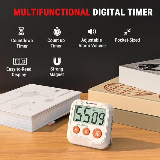 TempPro TM03 Digital Timer for Kids & Teachers, Kitchen Timers for Cooking with 2 Alarm Volume, Countdown Timer Stopwatch for Classroom Supplies, Exercise, Baking, Work, 2-Pack (Previously ThermoPro)